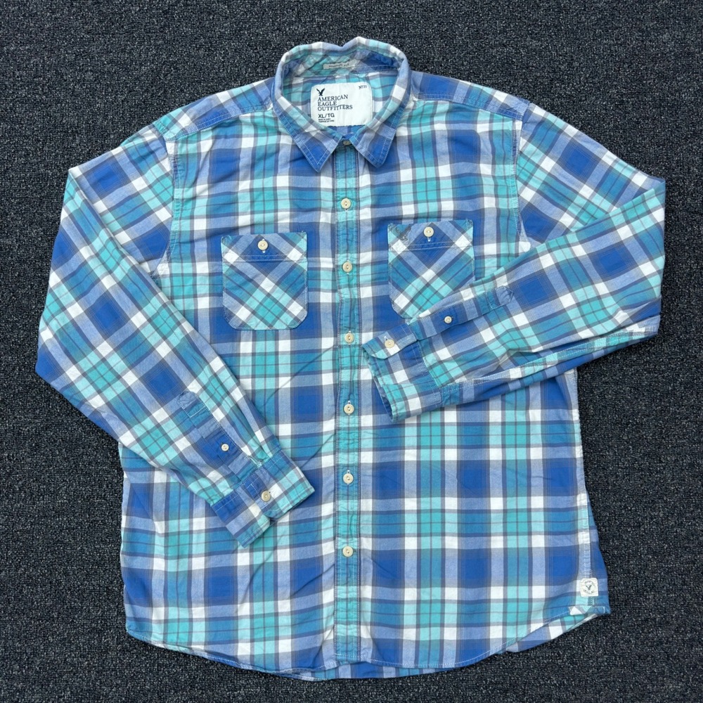American Eagle Plaid Flannel Shirt Mens XL Blue Teal Button Up Athletic Fit Soft